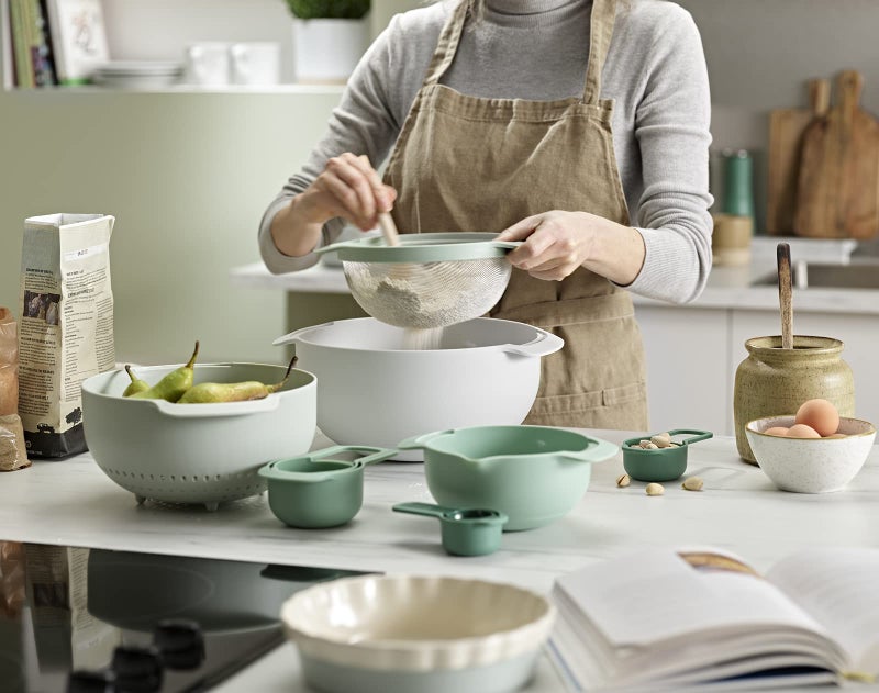 Joseph Joseph Nest 9 Plus, 9 Piece Compact Food Preparation Set with Mixing Bowls, Measuring cups, Sieve and Colander, Editions Range, Sage Green - Image 4