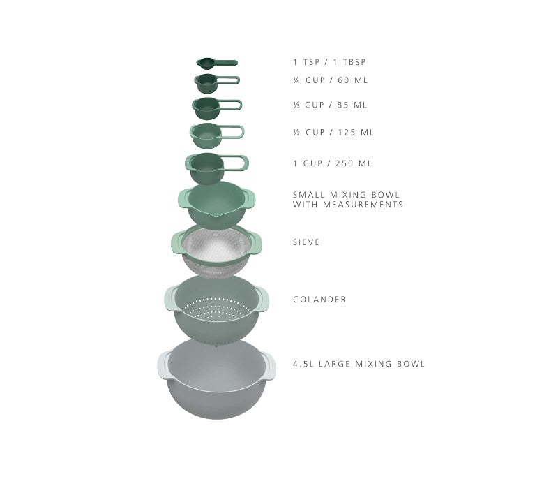 Joseph Joseph Nest 9 Plus, 9 Piece Compact Food Preparation Set with Mixing Bowls, Measuring cups, Sieve and Colander, Editions Range, Sage Green - Image 2