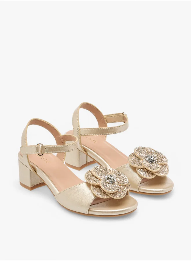 سيليست Girls Floral Accent Block Heel Sandals with Hook and Loop Closure