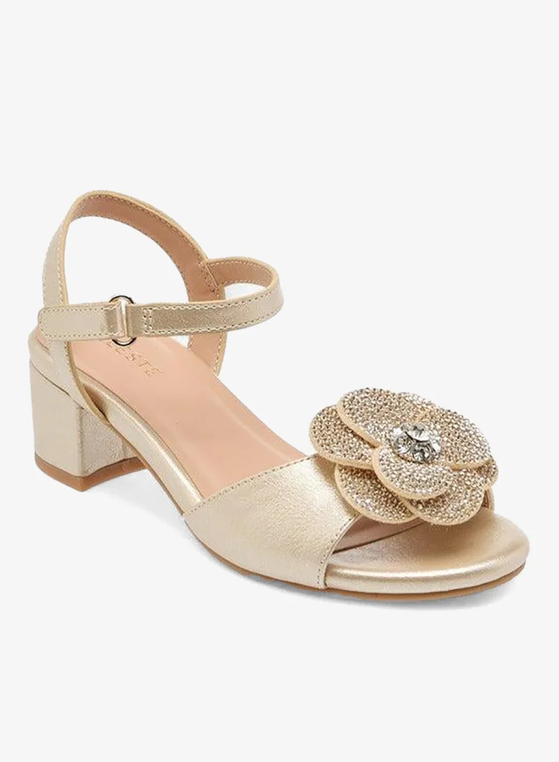 Celeste Girls Floral Accent Block Heel Sandals with Hook and Loop Closure