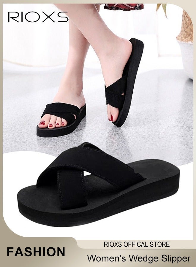 RIOXS Women's Slipper, Fashion Wedge Slippers, Anti-slip Flat Sandals For Women Ladies Girls, Casual Slipper With Cross Strap For Beach Home Daily Wear  - Image 1