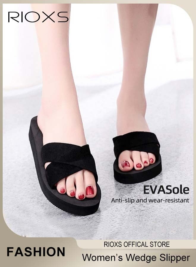 RIOXS Women's Slipper, Fashion Wedge Slippers, Anti-slip Flat Sandals For Women Ladies Girls, Casual Slipper With Cross Strap For Beach Home Daily Wear  - Image 2