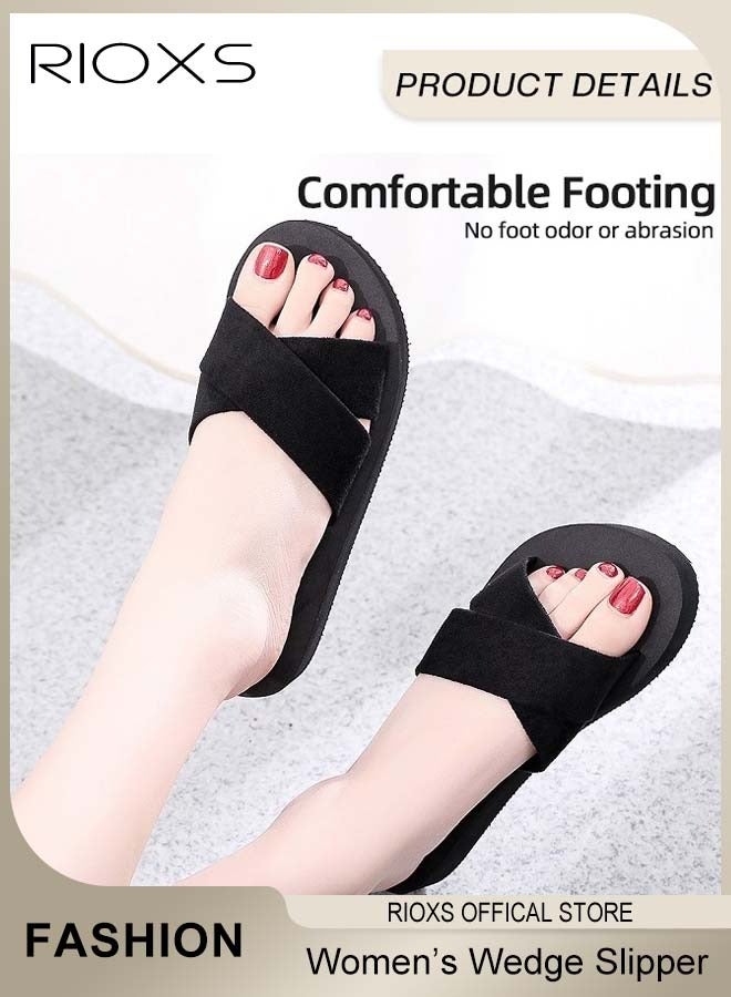 RIOXS Women's Slipper, Fashion Wedge Slippers, Anti-slip Flat Sandals For Women Ladies Girls, Casual Slipper With Cross Strap For Beach Home Daily Wear  - Image 3