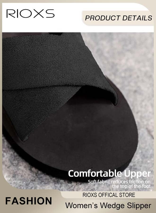 RIOXS Women's Slipper, Fashion Wedge Slippers, Anti-slip Flat Sandals For Women Ladies Girls, Casual Slipper With Cross Strap For Beach Home Daily Wear  - Image 5