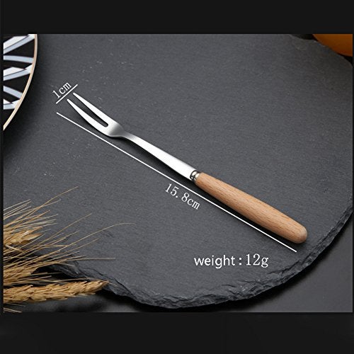 DEEKOUDT 6 Pcs Wooden Handle Stainless Steel Two Prong Forks Fruit Cake Appetizer Forks - Image 2