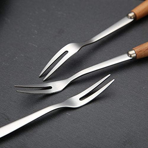 DEEKOUDT 6 Pcs Wooden Handle Stainless Steel Two Prong Forks Fruit Cake Appetizer Forks - Image 3
