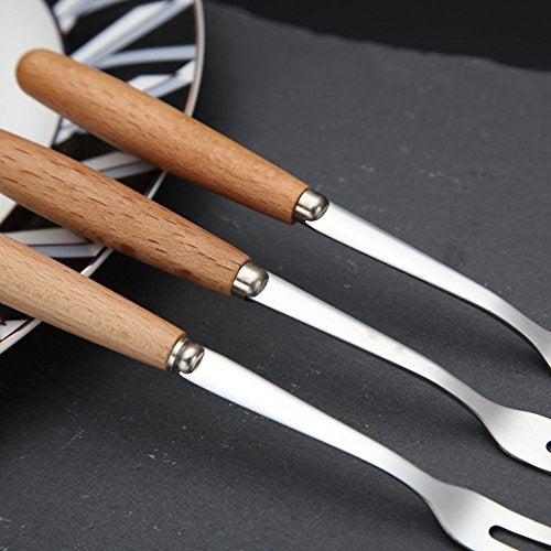 DEEKOUDT 6 Pcs Wooden Handle Stainless Steel Two Prong Forks Fruit Cake Appetizer Forks - Image 4