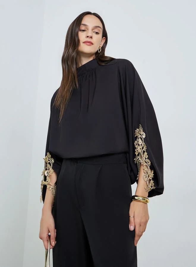 Take Two Black Lace Detail Slit Sleeve Blouse