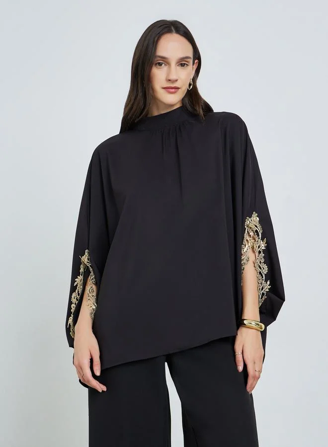 Take Two Black Lace Detail Slit Sleeve Blouse