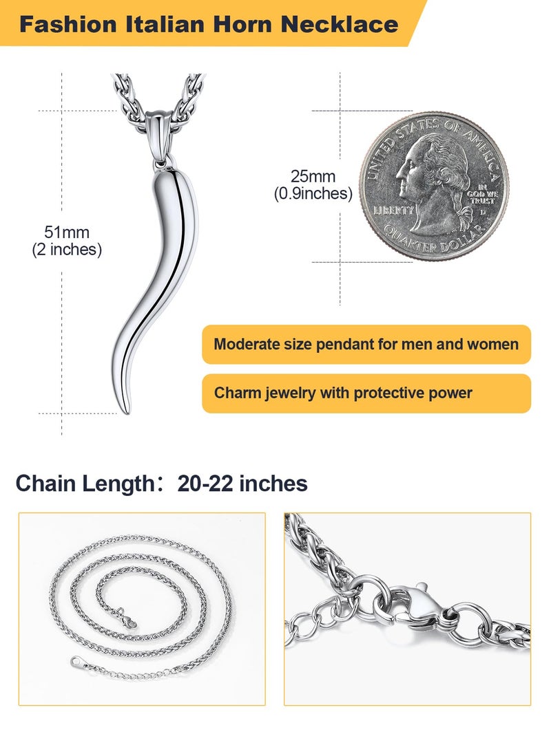 U7 Italian Horn Necklace for Men Women, Stainless Steel Talisman Italian Jewelry Protection Charm Pendant Cornicello Necklace 22 Inch - Image 4
