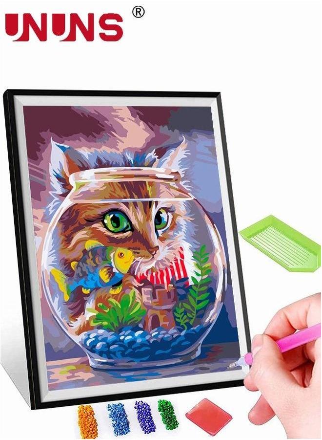 UNUNS 5D DIY Cat Diamond Painting Kit,Cute Fishbowl Wall Art Decor,Crystal Rhinestone Canvas Kits For Adults And Kids,30x40cm  - Image 1