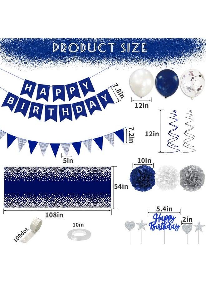 Bluegogo Navy Blue Silver Birthday Decorations for Men, Blue Birthday Party Supplies with Tablecloth Happy Birthday Banner Confetti Balloons Paper Pom Poms Hanging Swirls Cake Toppers  - Image 4