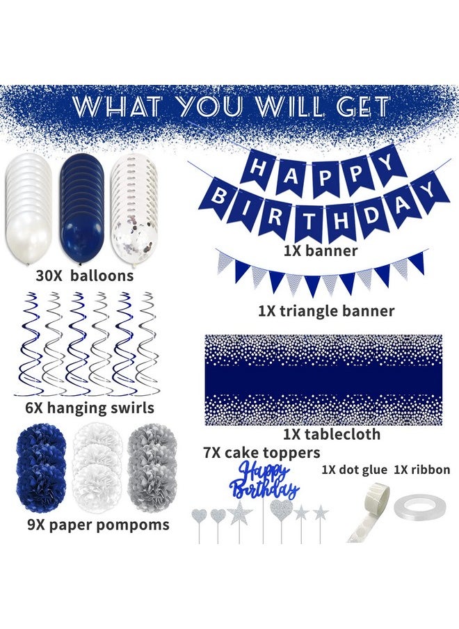 Bluegogo Navy Blue Silver Birthday Decorations for Men, Blue Birthday Party Supplies with Tablecloth Happy Birthday Banner Confetti Balloons Paper Pom Poms Hanging Swirls Cake Toppers  - Image 3