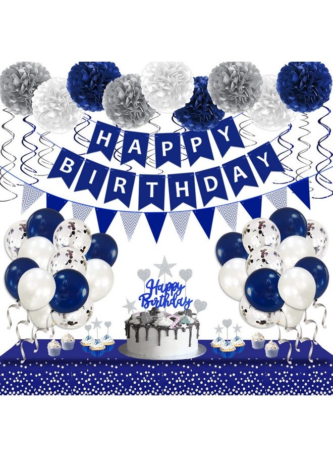 Bluegogo Navy Blue Silver Birthday Decorations for Men, Blue Birthday Party Supplies with Tablecloth Happy Birthday Banner Confetti Balloons Paper Pom Poms Hanging Swirls Cake Toppers  - Image 1