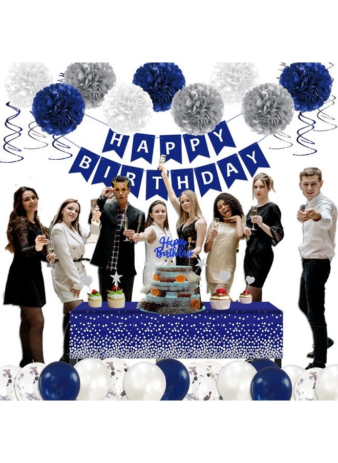 Bluegogo Navy Blue Silver Birthday Decorations for Men, Blue Birthday Party Supplies with Tablecloth Happy Birthday Banner Confetti Balloons Paper Pom Poms Hanging Swirls Cake Toppers  - Image 2