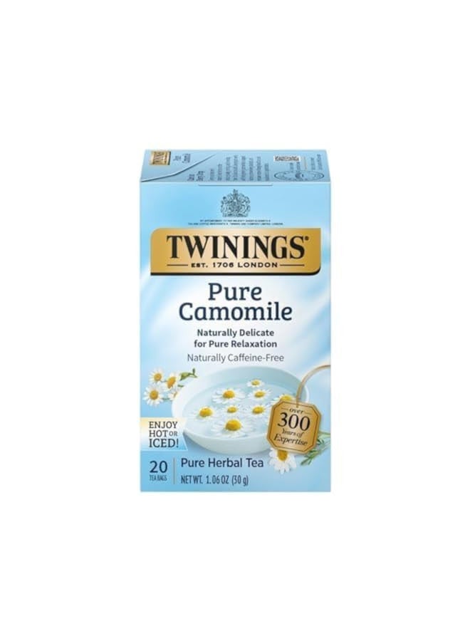 Twinings Pure Camomile Herbal Tea Individually Wrapped Bags, 20 Count Pack of 6, Naturally Caffeine Free - Image 1