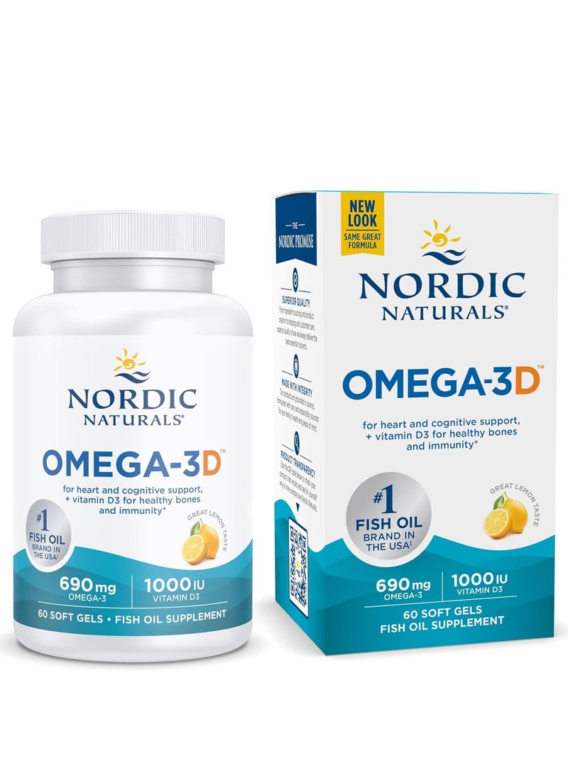 Nordic Omega 3D For Heart And Cognitive Support Plus Vitamin D3 For Healthy Bone And Immunity 690Mg Omega 3 1000 Iu Vitamin D3, 60 Softgel 