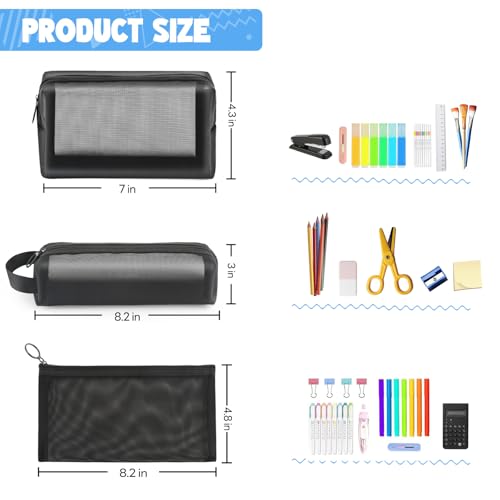 Daisiki Mesh Pencil Case 3 Pack Clear Pencil Pouch, Pencil Bag, Cosmetic Toiletry Bag for Purse, College Essentials School Supplies (Black) - Image 2