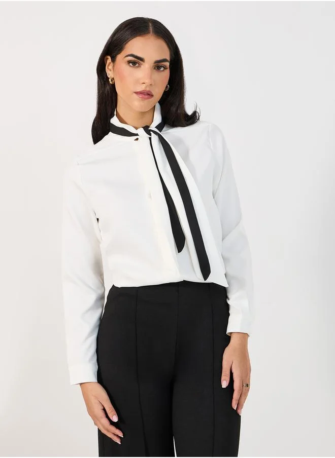 Styli Contrast Tie-Up Neck Detail Regular Fit Shirt