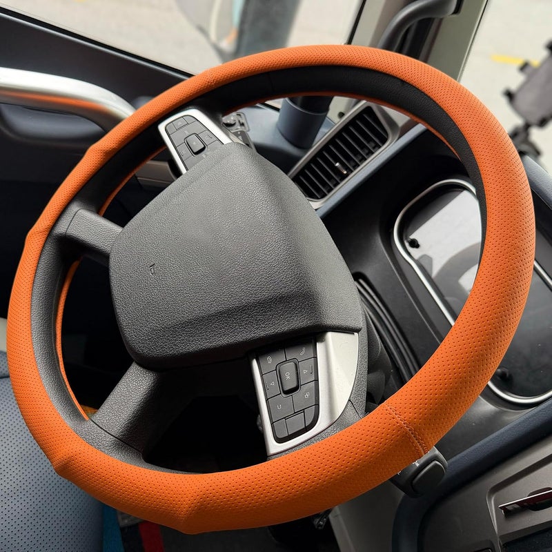 PINCTROT XL 17.5-18in Nappa Leather Supported Grip Steering Wheel Cover for Semi Truck, Fits RV, Big Rig Trucker, 18 Wheeler and Classic Cars, Anti-Slip Perforated Design 17.5-18 Inch (Hot Orange) - Image 1