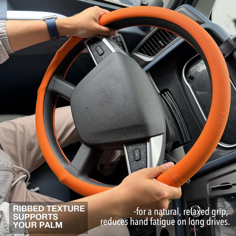 PINCTROT XL 17.5-18in Nappa Leather Supported Grip Steering Wheel Cover for Semi Truck, Fits RV, Big Rig Trucker, 18 Wheeler and Classic Cars, Anti-Slip Perforated Design 17.5-18 Inch (Hot Orange) - Image 2