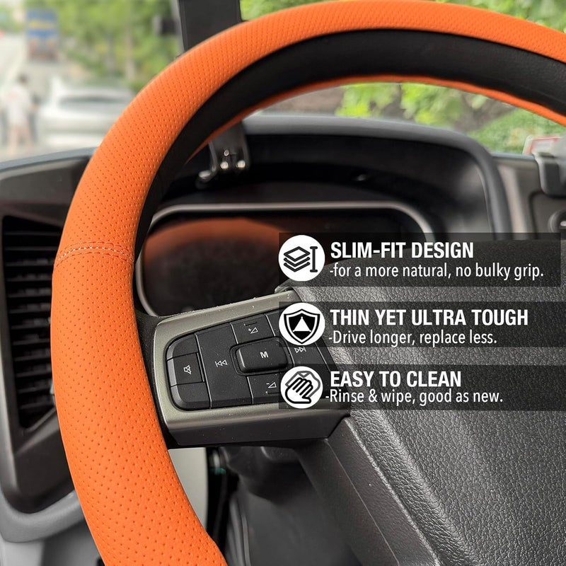 PINCTROT XL 17.5-18in Nappa Leather Supported Grip Steering Wheel Cover for Semi Truck, Fits RV, Big Rig Trucker, 18 Wheeler and Classic Cars, Anti-Slip Perforated Design 17.5-18 Inch (Hot Orange) - Image 3