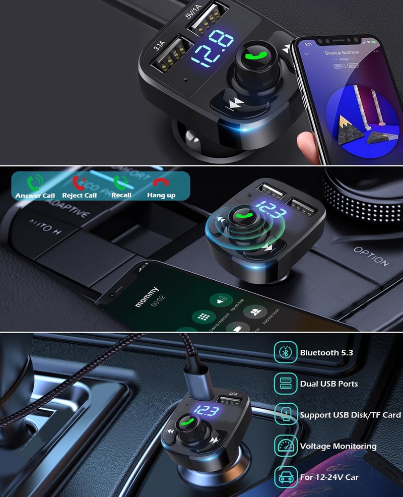 Flenzy Car MP3 Car Bluetooth Receiver Dual USB Car Charger Fast Charging, Compatible with Mobile Phones, Tablets, Cameras, Game Consoles, Black - Image 2