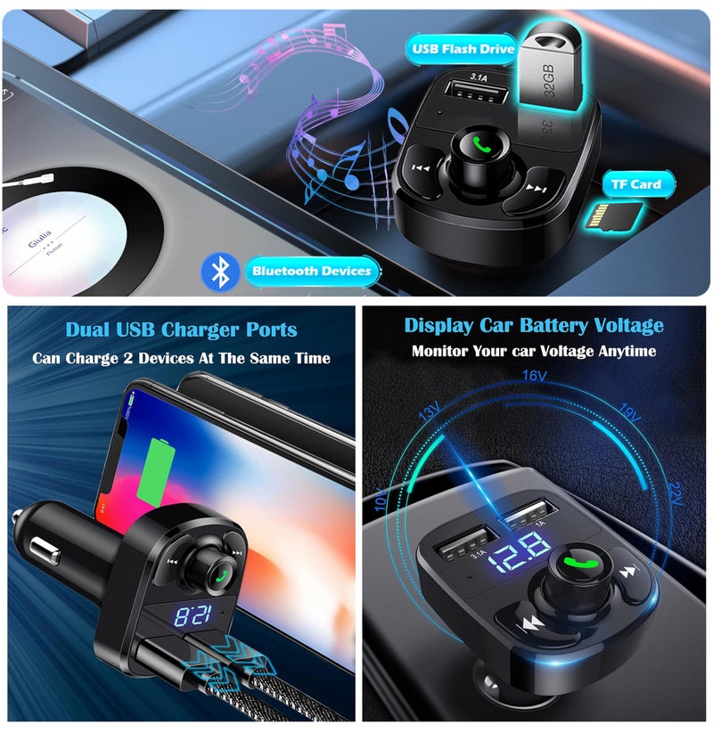 Flenzy Car MP3 Car Bluetooth Receiver Dual USB Car Charger Fast Charging, Compatible with Mobile Phones, Tablets, Cameras, Game Consoles, Black - Image 3