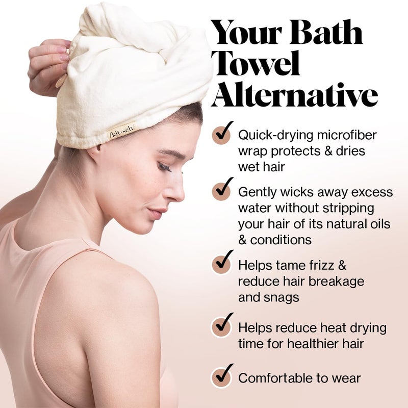 Kitsch منشفة شعر ميكروفايبر للنساء - منشفة ميكروفايبر، فائقة الامتصاص، سريعة الجفاف، مضادة للتجاعيد - للشعر الطويل والقصير، لفات للنساء، لف الشعر - أبيض عاجي - Image 4