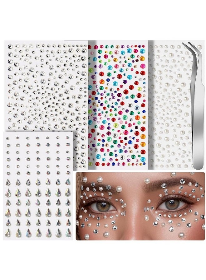 Beauenty 4 Sheet Face Gems Rhinestones Pearl Stickers Kit for Makeup with Tweezer, Self-Adhesive Glitter Color Festival Face Jewels Hair Gems Sticker for Crafts, Nail Art, Clothes Making  - Image 1