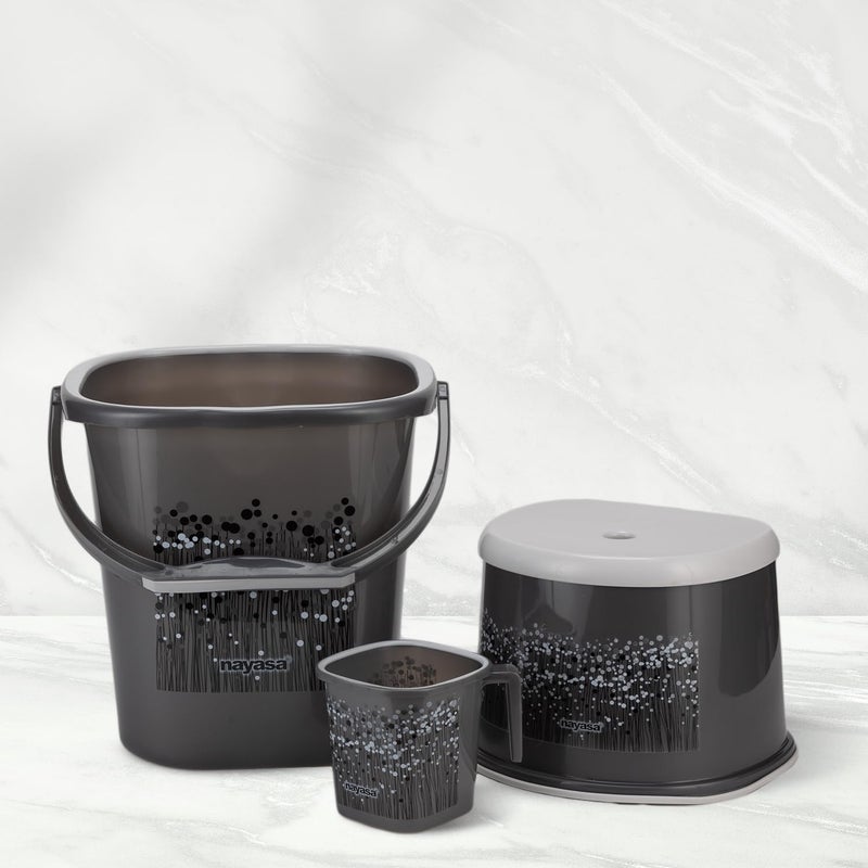 Nayasa Plastic Funk Sqr 3 Pcs Bathroom Set | Bucket 25 L + Mug 1.5 L + Stool | Bathroom Accessory Set Plastic | Bathroom Set | Bath Set for Bathroom | Black - Image 1