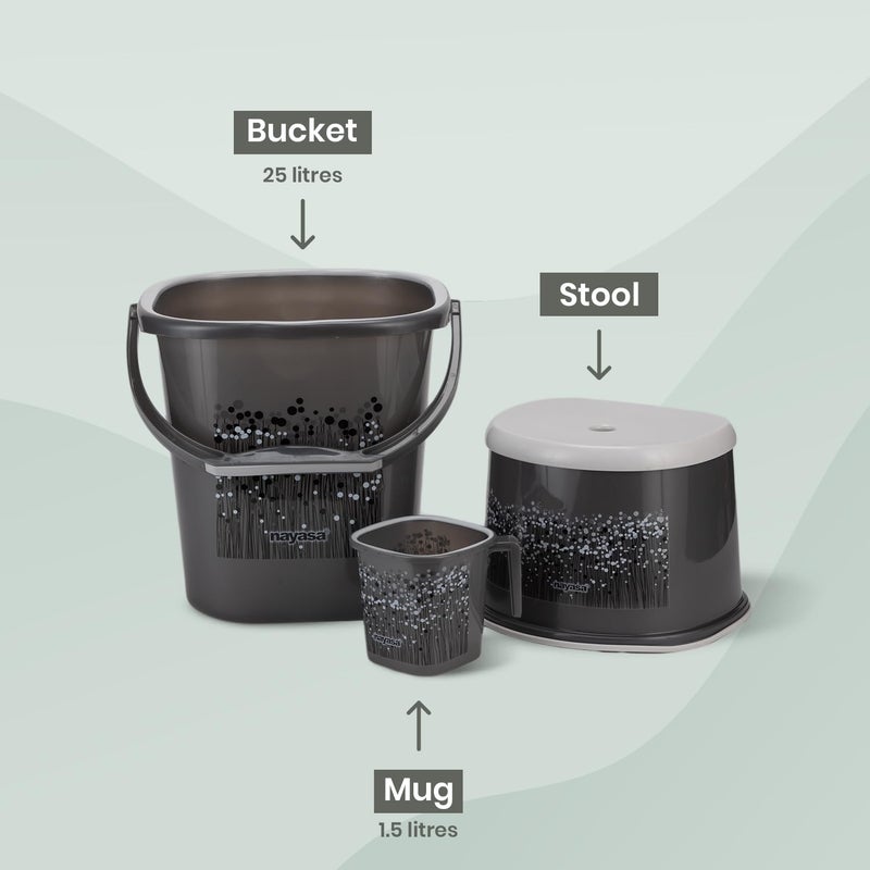 Nayasa Plastic Funk Sqr 3 Pcs Bathroom Set | Bucket 25 L + Mug 1.5 L + Stool | Bathroom Accessory Set Plastic | Bathroom Set | Bath Set for Bathroom | Black - Image 5