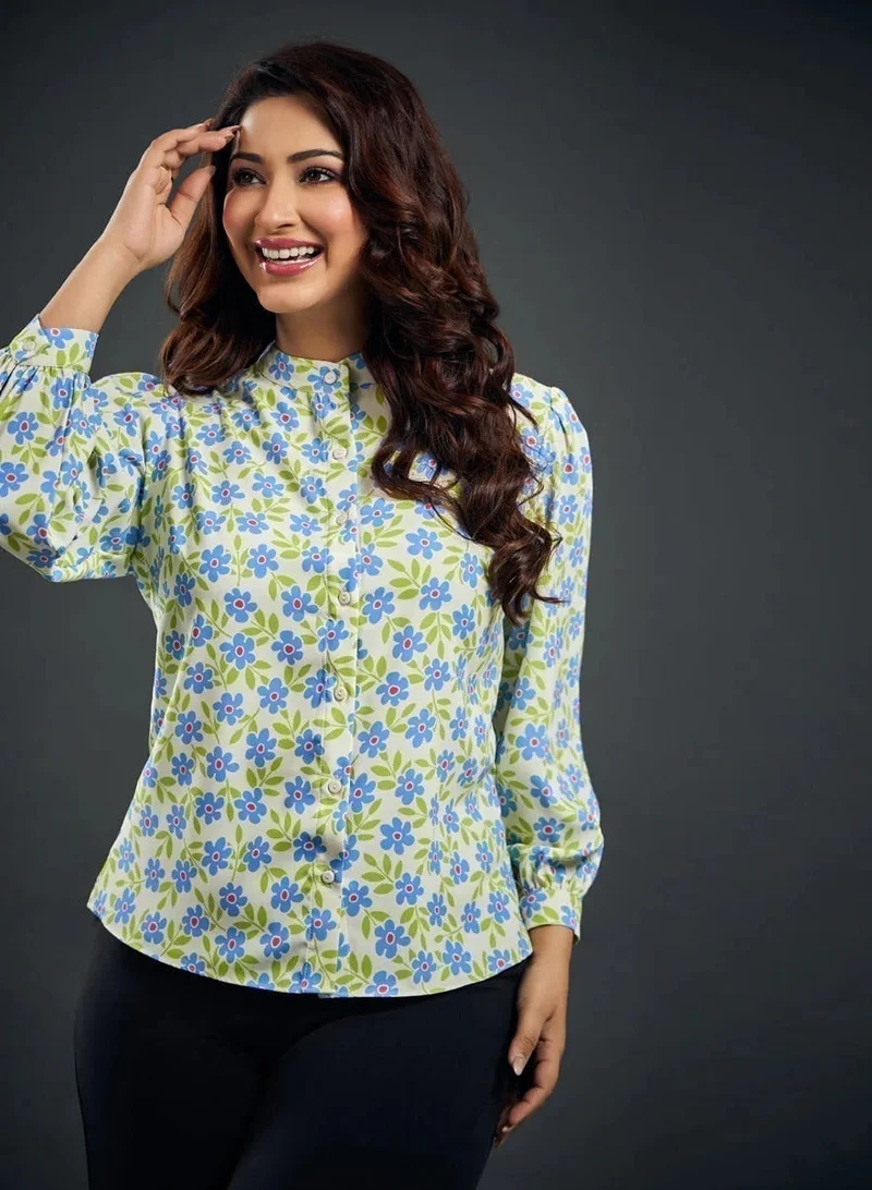 Zigzag Puffed Sleeve White Printed Top