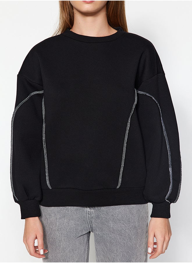 trendyol - Black Stitching Detailed Crew Neck Regular Fit Thick Inside Fleece Knitted Sweatshirt TWOAW24SW00233 - Image 1
