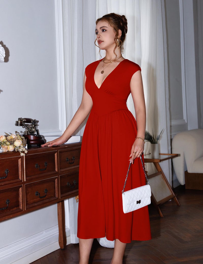 YMDUCH Women's Casual Deep V Neck Cap Sleeve Back Tie A-Line Swing Midi Dress with Pockets Red - Image 2