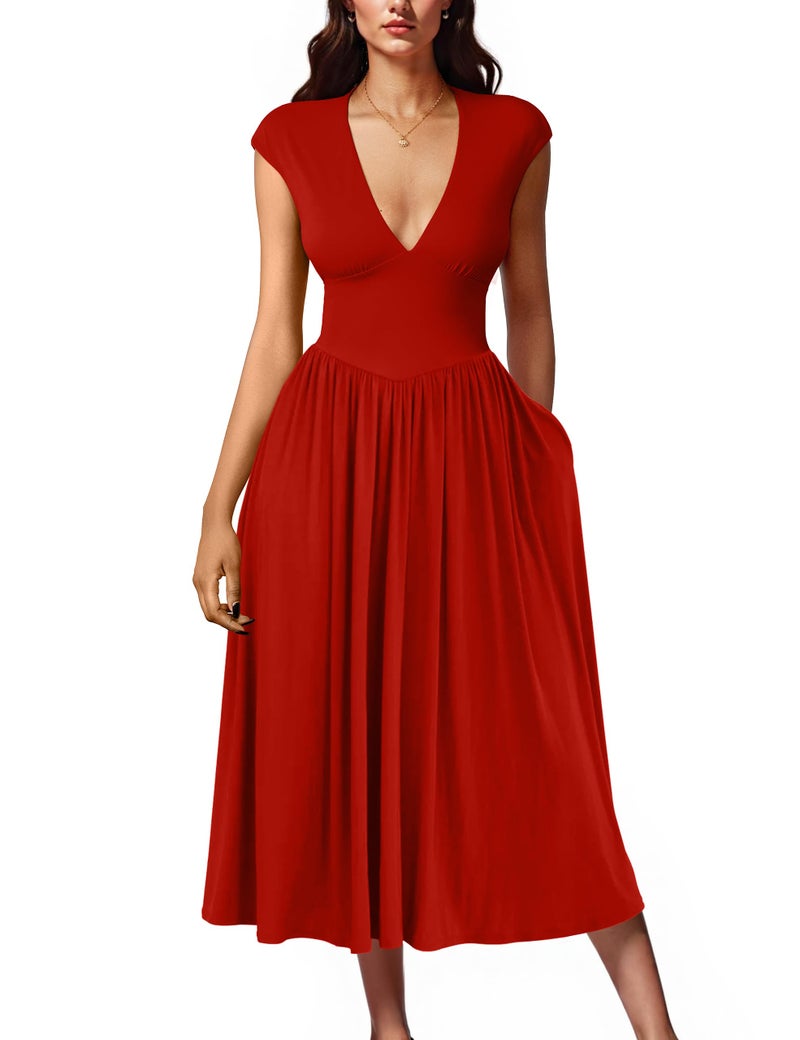 YMDUCH Women's Casual Deep V Neck Cap Sleeve Back Tie A-Line Swing Midi Dress with Pockets Red - Image 1