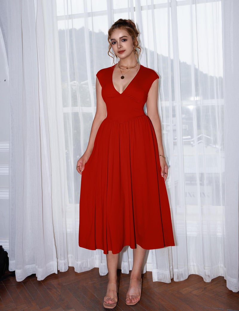 YMDUCH Women's Casual Deep V Neck Cap Sleeve Back Tie A-Line Swing Midi Dress with Pockets Red - Image 4
