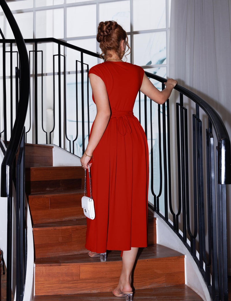 YMDUCH Women's Casual Deep V Neck Cap Sleeve Back Tie A-Line Swing Midi Dress with Pockets Red - Image 3