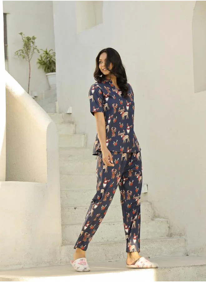 سانسكريتي هومز Sanskrutihomes Printed Pure Cotton Short Sleeve Top and Pyjama Set