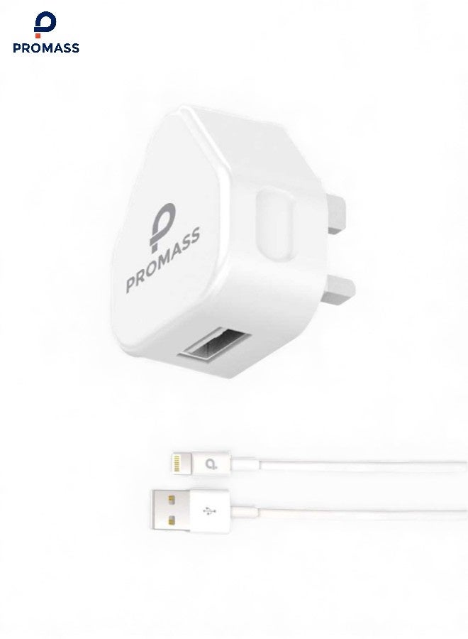 PROMASS 10W USB charger with USB-A to Lightning cable, compatible with iPhone 7/7 Plus/8/8 Plus/iPhone 6/6 Plus (all models) and Samsung Galaxy A80, A70, A60, A50, and A40, with a single port. - Image 1