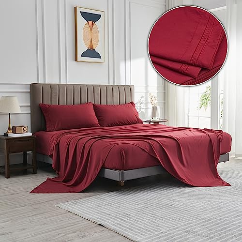 WODFAMY Microfiber Easy Fit Queen Size Bed Sheet Set Extra Soft Deep Pockets Luxury Hotel 4 Piece Set Burgundy Bed Sheets Queen Sheets - Image 1
