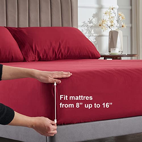 WODFAMY Microfiber Easy Fit Queen Size Bed Sheet Set Extra Soft Deep Pockets Luxury Hotel 4 Piece Set Burgundy Bed Sheets Queen Sheets - Image 3