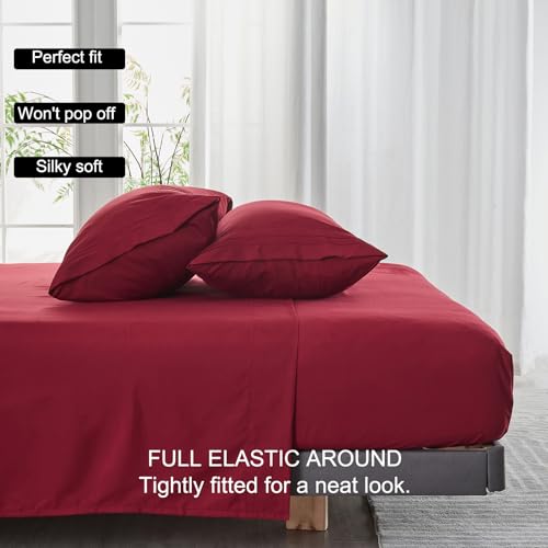 WODFAMY Microfiber Easy Fit Queen Size Bed Sheet Set Extra Soft Deep Pockets Luxury Hotel 4 Piece Set Burgundy Bed Sheets Queen Sheets - Image 4