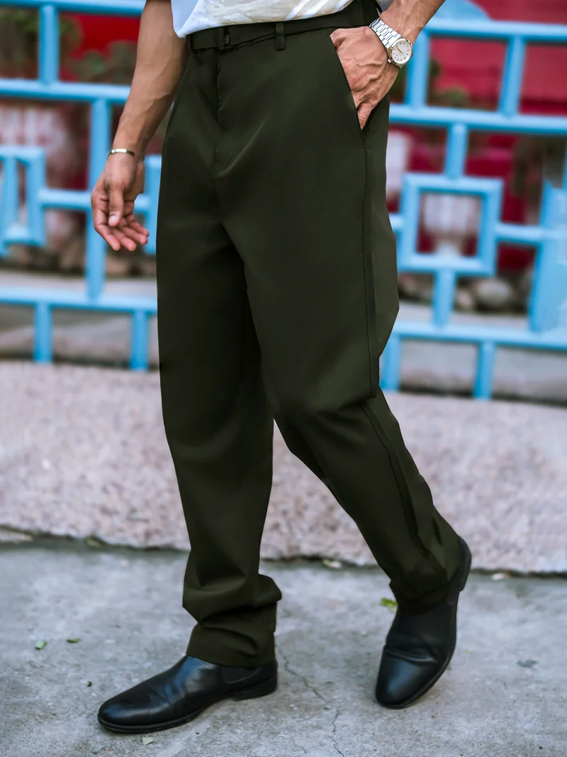 Maniac  Maniac Mens Solid Green Belted Cotton Blend Trouser for Men | Best Price UAE
