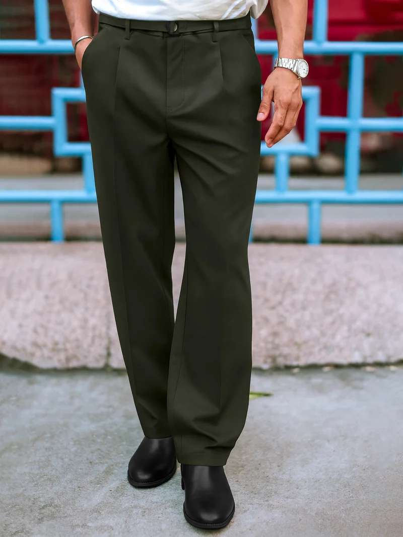 مانياك بنطلون رجالي قطن مخلوط بحزام أخضر سادة