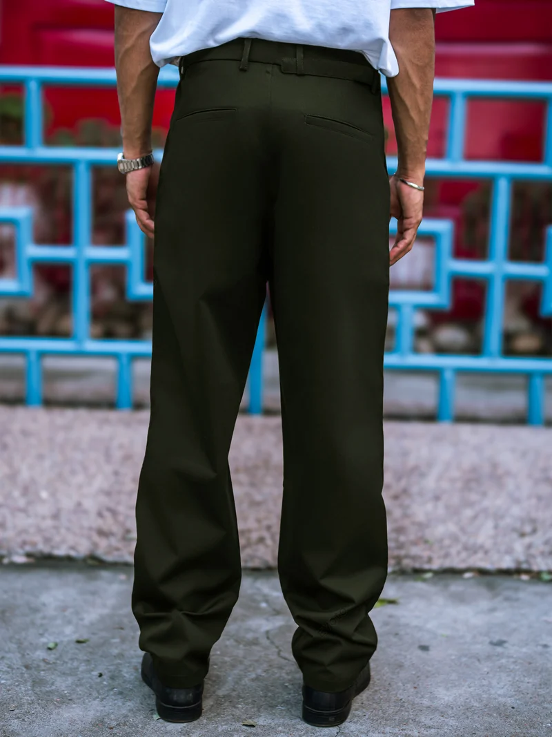 Maniac  Maniac Mens Solid Green Belted Cotton Blend Trouser for Men | Best Price UAE