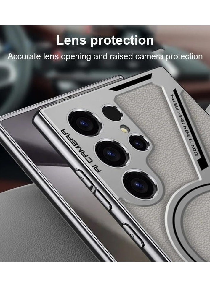General - Case Compatible with Samsung Galaxy S24 Ultra Case, Magnetic Z Shape Case Plain Leather Electroplated TPU Frame Shockproof Protective Cover Support Wireless Charging - Image 1