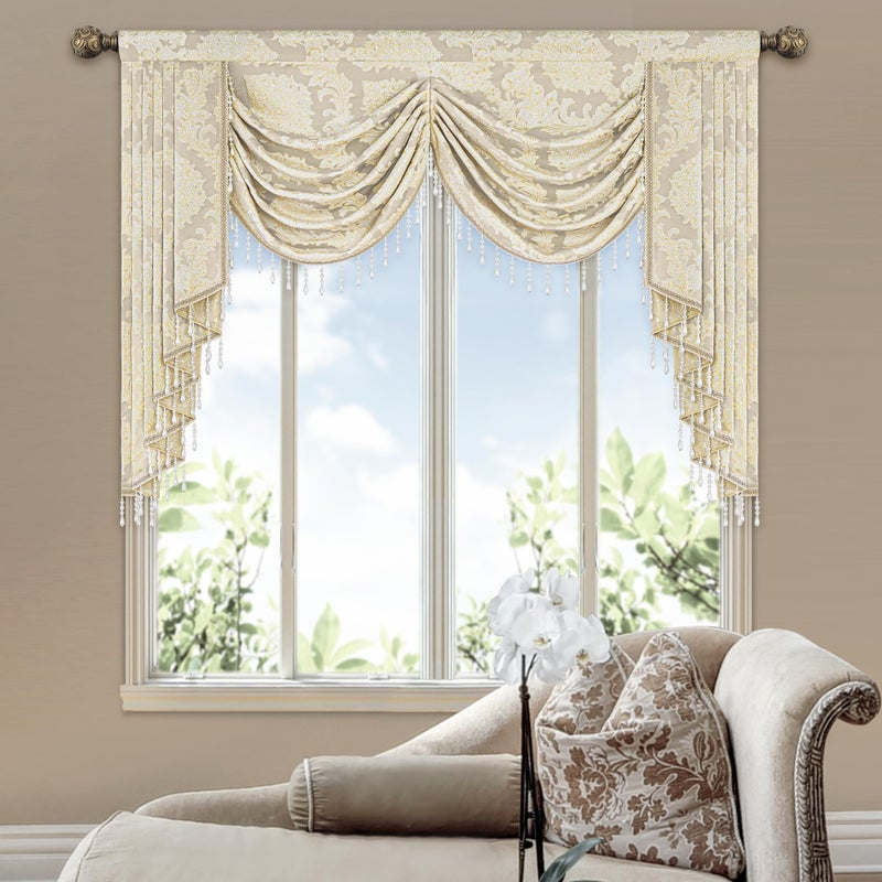Loom and Mill Luxury Jacquard Waterfall Valance for Living Room Elegant Damask Swag Window Valances with Beads Beige Swag Curtains for Bedroom Banquet Holiday DecorationW59Inch1 Panel