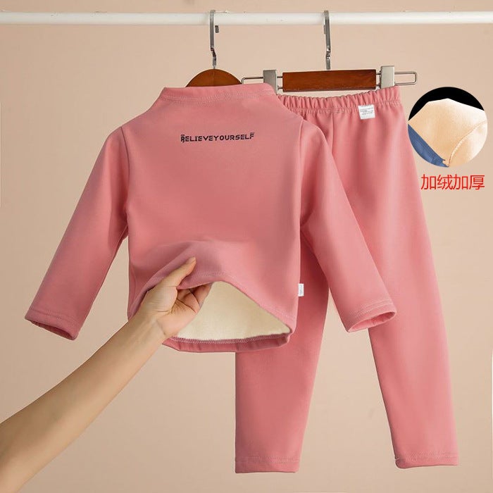 Childrens fleece-lined thickened turtleneck bottoming shirt suit winter boys and girls long johns underwear suit baby middle and big children Pink Suit