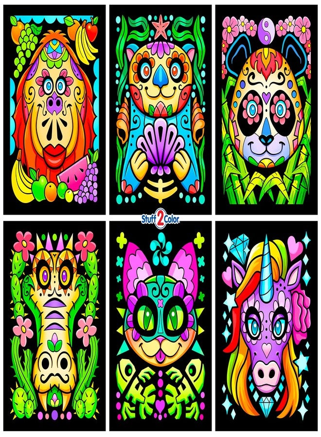 ستاف 2 كلر مجموعة Stuff2Color المذهلة من الحيوانات - 6 ملصقات تلوين مخملية سوداء ناعمة - (رائعة للأطفال والكبار والأنشطة الجماعية) - تتضمن وحيد القرن، الباندا، القطة، ثعلب الماء، الغوريلا، التمساح (متعة الفنون والحرف اليدوية) - Image 1